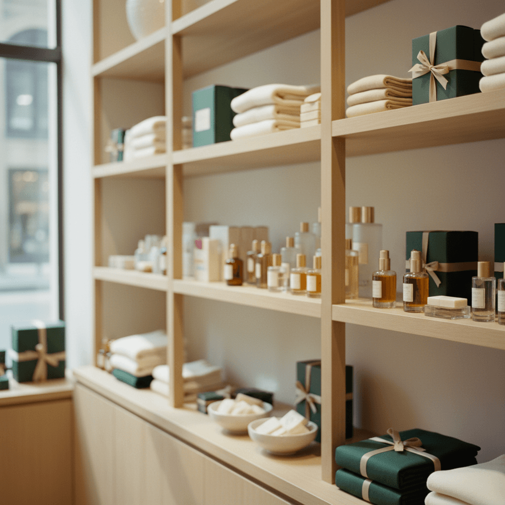 A warm boutique shelf, softly out of focus.