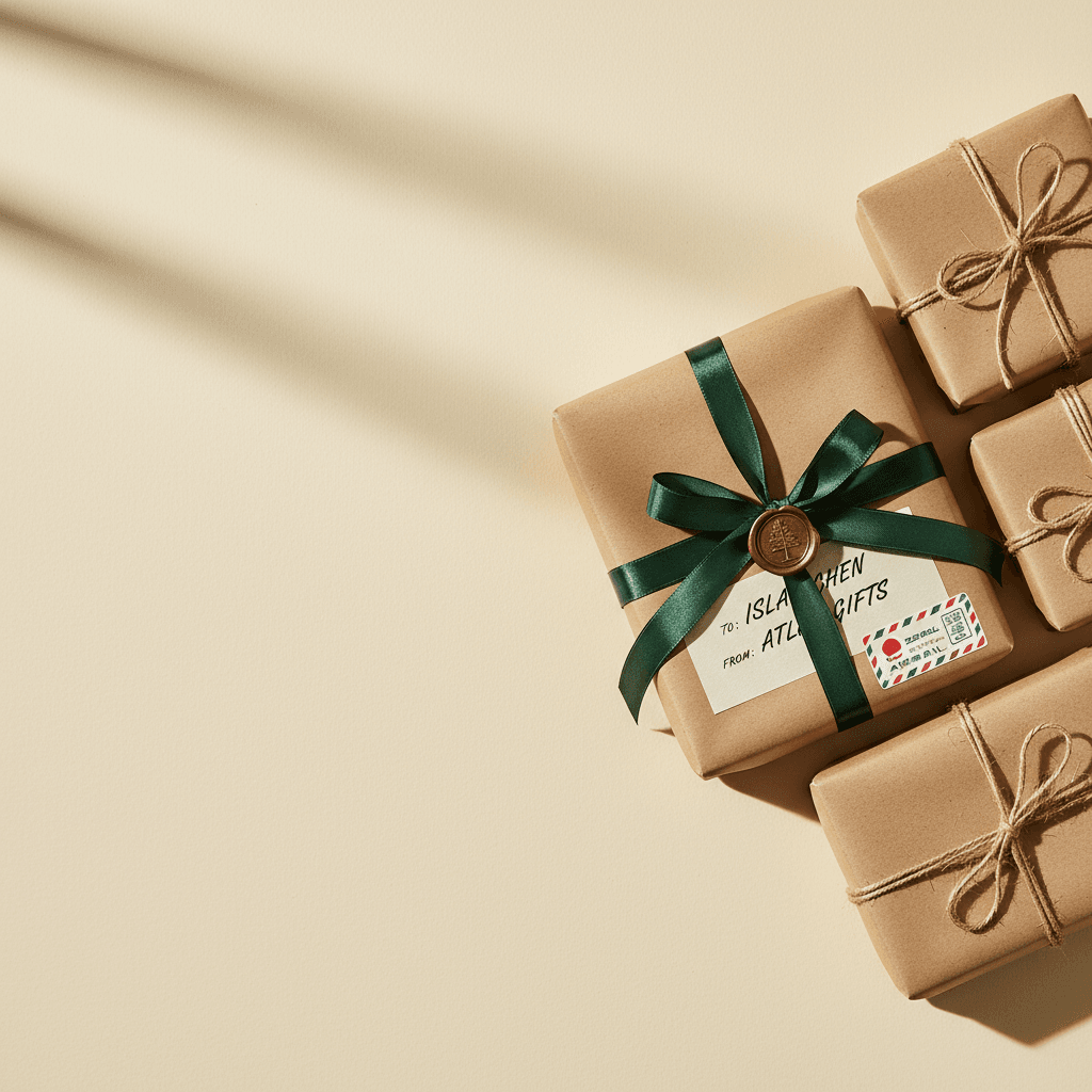 Wrapped kraft parcels with a pine ribbon and wax seal, ready to ship.